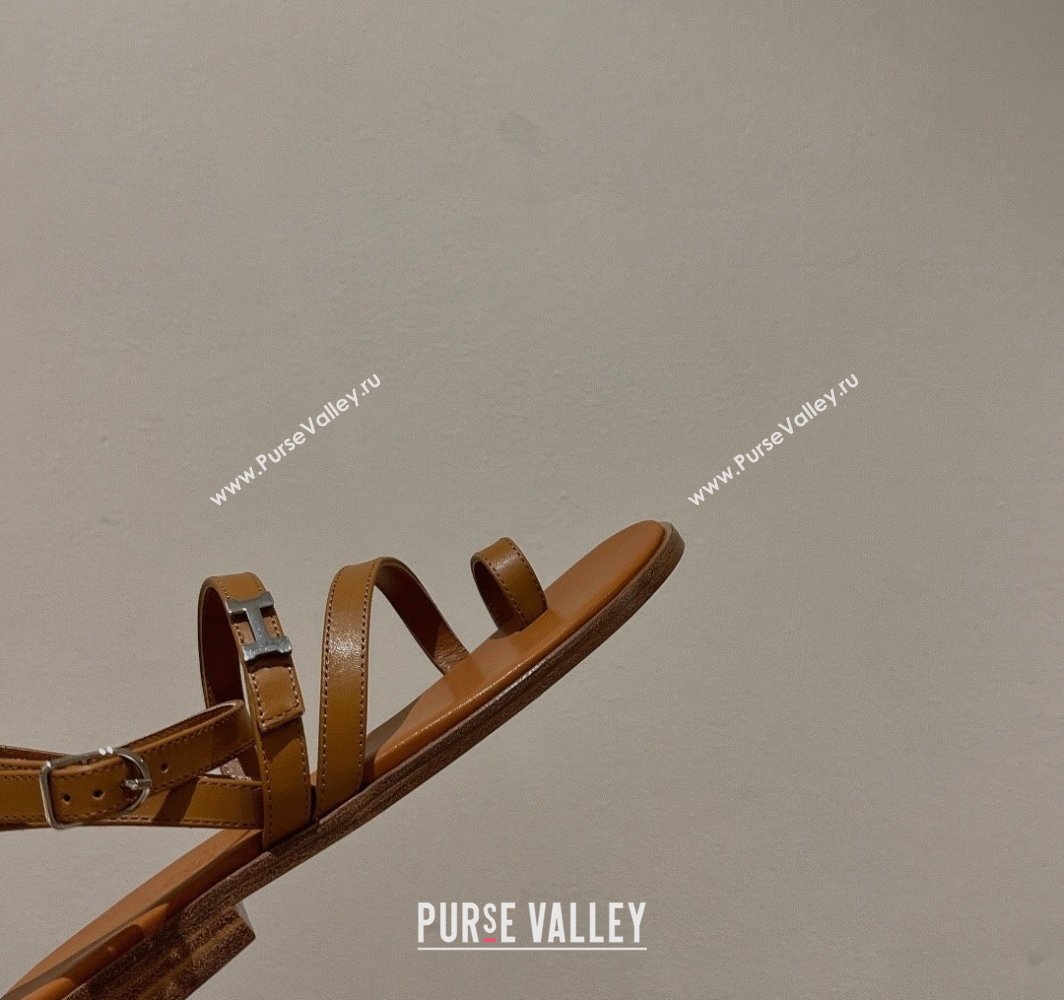 Hermes Harmonie Flat Sandals in Calfskin with Ankle Strap Brown 2025 (MD-250226099)