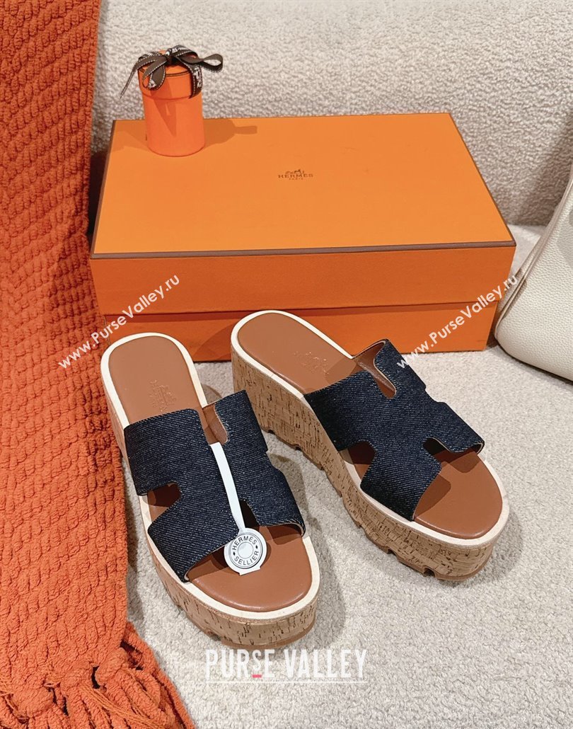 Hermes Eze 30 Platform Slides Sandal 6.5cm in Denim Dark Blue 2025 (MD-250226133)