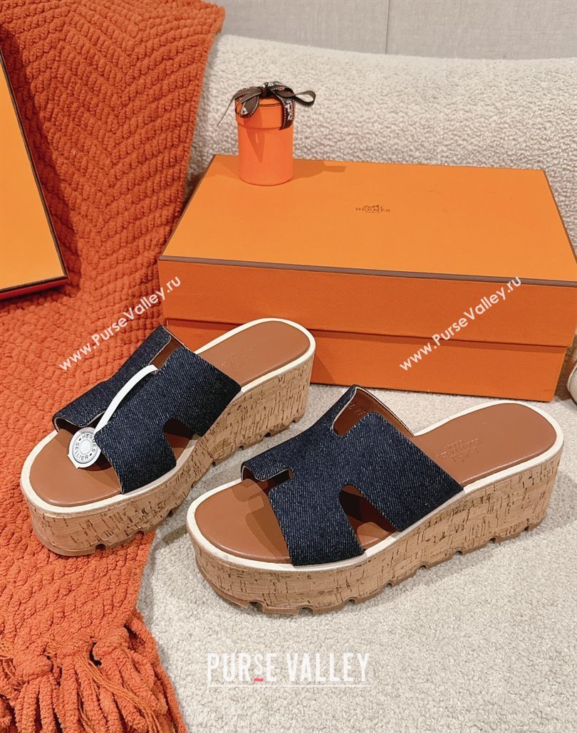 Hermes Eze 30 Platform Slides Sandal 6.5cm in Denim Dark Blue 2025 (MD-250226133)