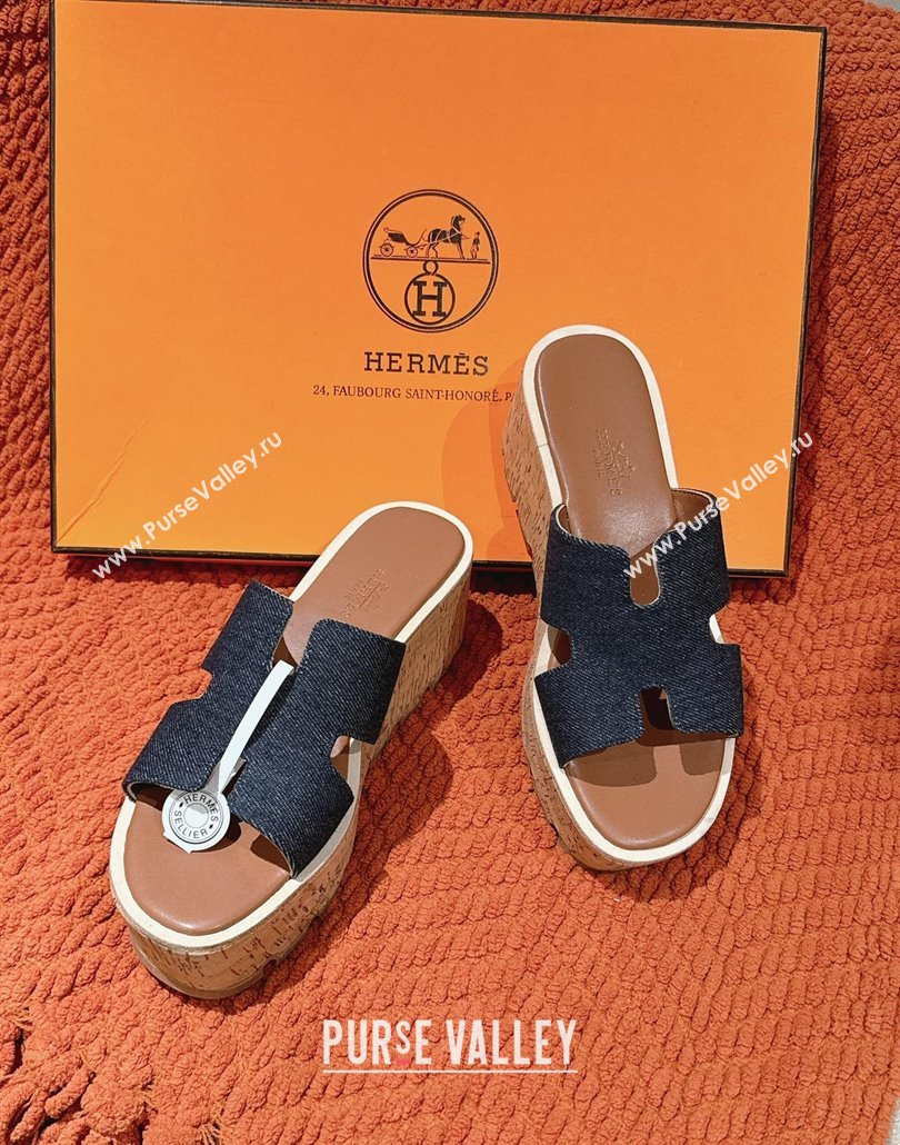 Hermes Eze 30 Platform Slides Sandal 6.5cm in Denim Dark Blue 2025 (MD-250226133)