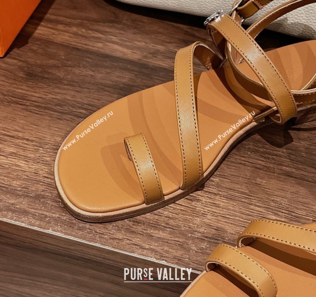 Hermes Harmonie Flat Sandals in Calfskin with Ankle Strap Brown 2025 (MD-250226099)