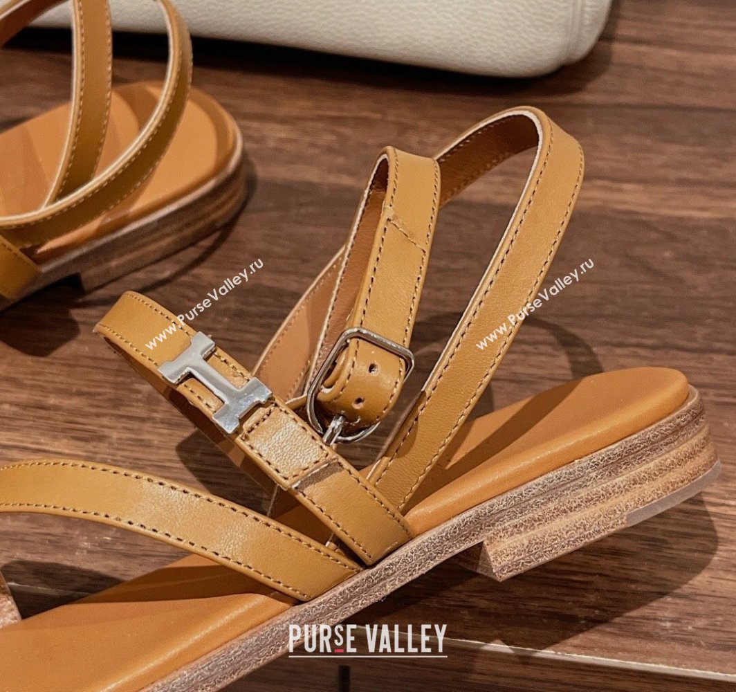 Hermes Harmonie Flat Sandals in Calfskin with Ankle Strap Brown 2025 (MD-250226099)