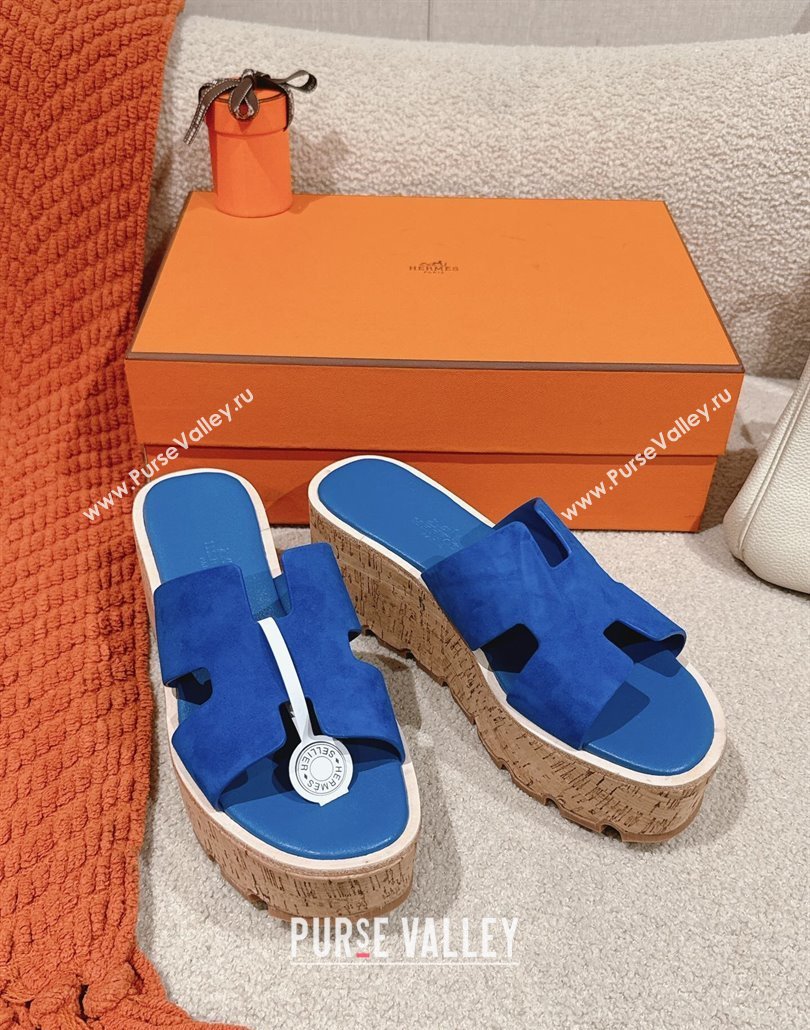 Hermes Eze 30 Platform Slides Sandal 6.5cm in Suede Royal Blue 2025 (MD-250226121)