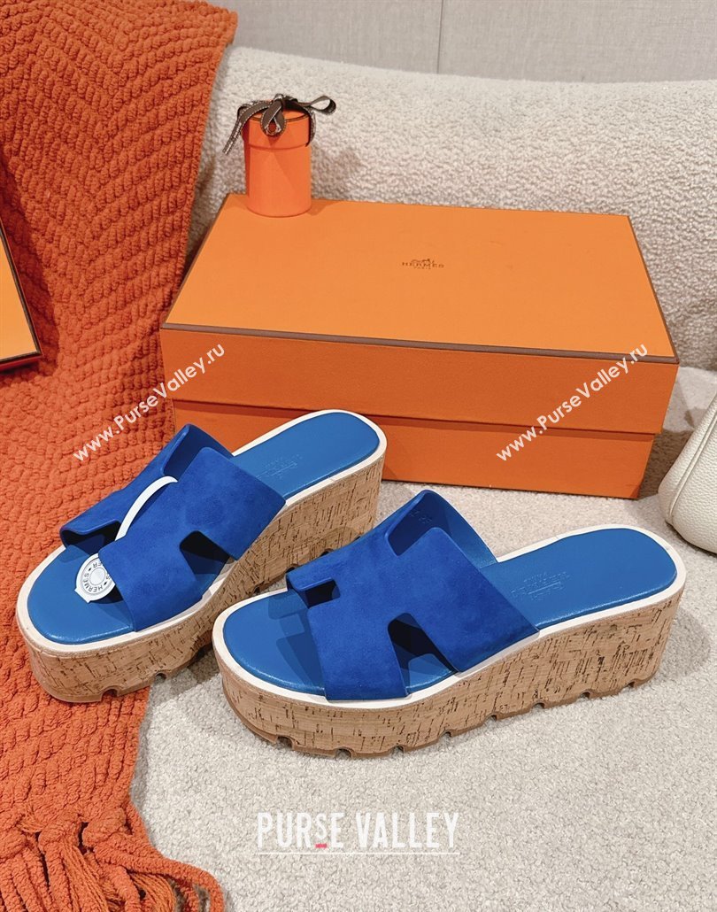 Hermes Eze 30 Platform Slides Sandal 6.5cm in Suede Royal Blue 2025 (MD-250226121)