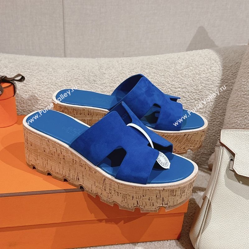Hermes Eze 30 Platform Slides Sandal 6.5cm in Suede Royal Blue 2025 (MD-250226121)