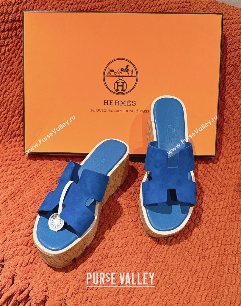 Hermes Eze 30 Platform Slides Sandal 6.5cm in Suede Royal Blue 2025 (MD-250226121)