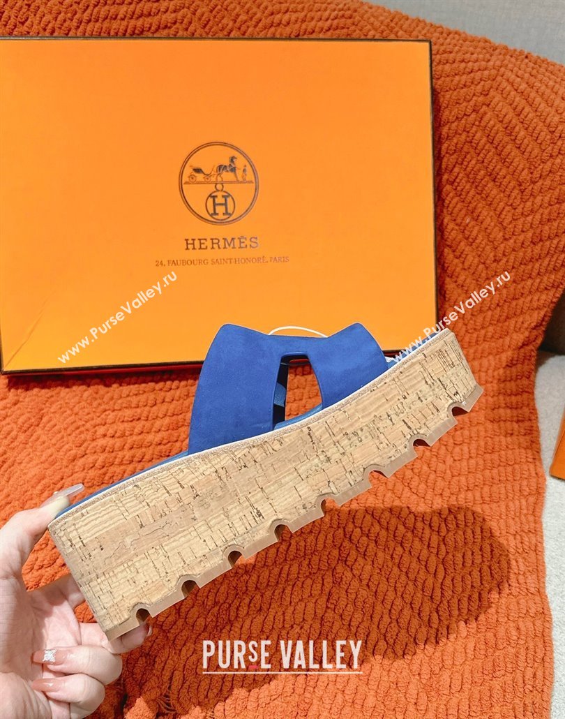 Hermes Eze 30 Platform Slides Sandal 6.5cm in Suede Royal Blue 2025 (MD-250226121)