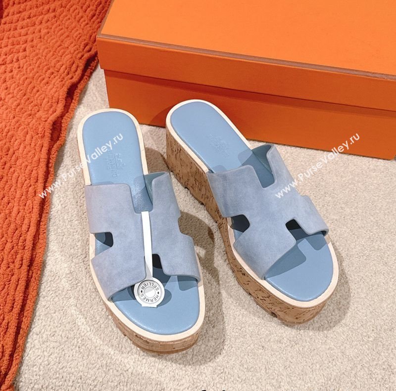 Hermes Eze 30 Platform Slides Sandal 6.5cm in Suede Light Blue 2025 (MD-250226123)