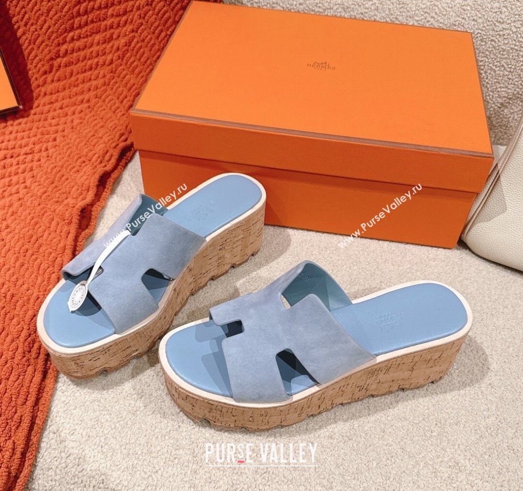 Hermes Eze 30 Platform Slides Sandal 6.5cm in Suede Light Blue 2025 (MD-250226123)