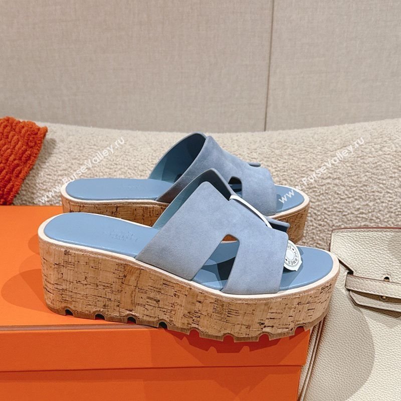 Hermes Eze 30 Platform Slides Sandal 6.5cm in Suede Light Blue 2025 (MD-250226123)