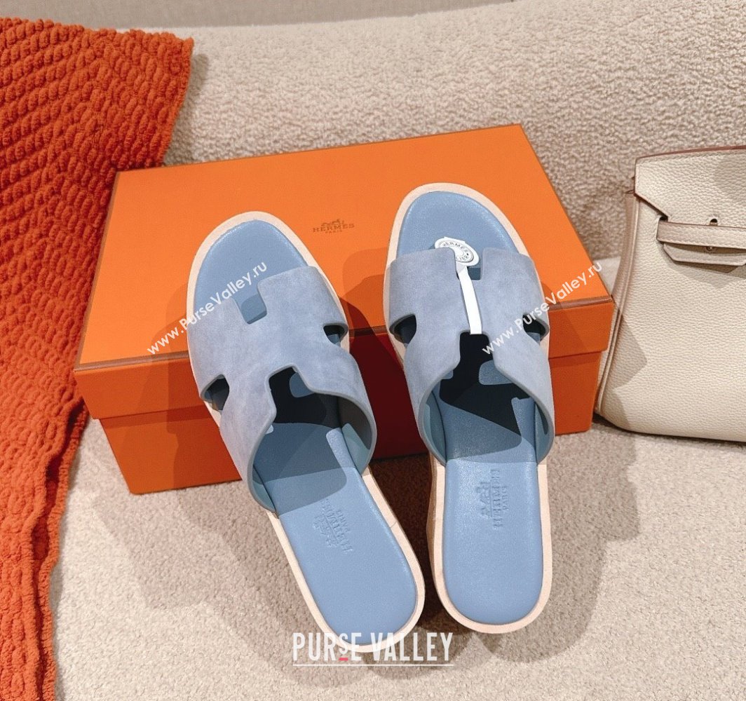 Hermes Eze 30 Platform Slides Sandal 6.5cm in Suede Light Blue 2025 (MD-250226123)