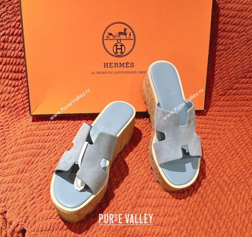 Hermes Eze 30 Platform Slides Sandal 6.5cm in Suede Light Blue 2025 (MD-250226123)