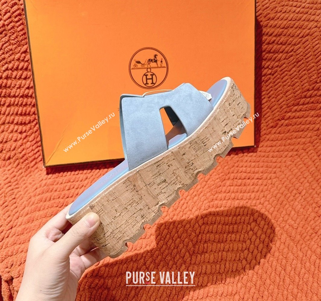 Hermes Eze 30 Platform Slides Sandal 6.5cm in Suede Light Blue 2025 (MD-250226123)