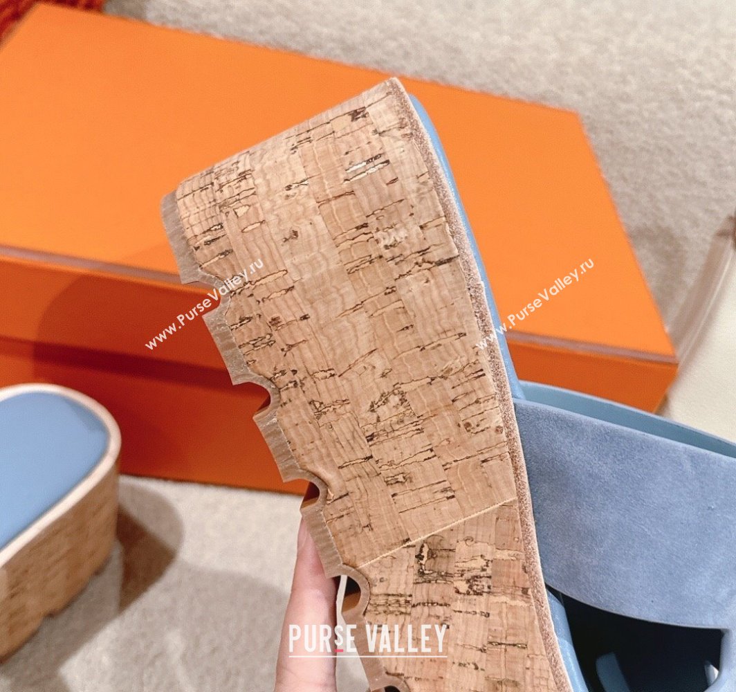 Hermes Eze 30 Platform Slides Sandal 6.5cm in Suede Light Blue 2025 (MD-250226123)