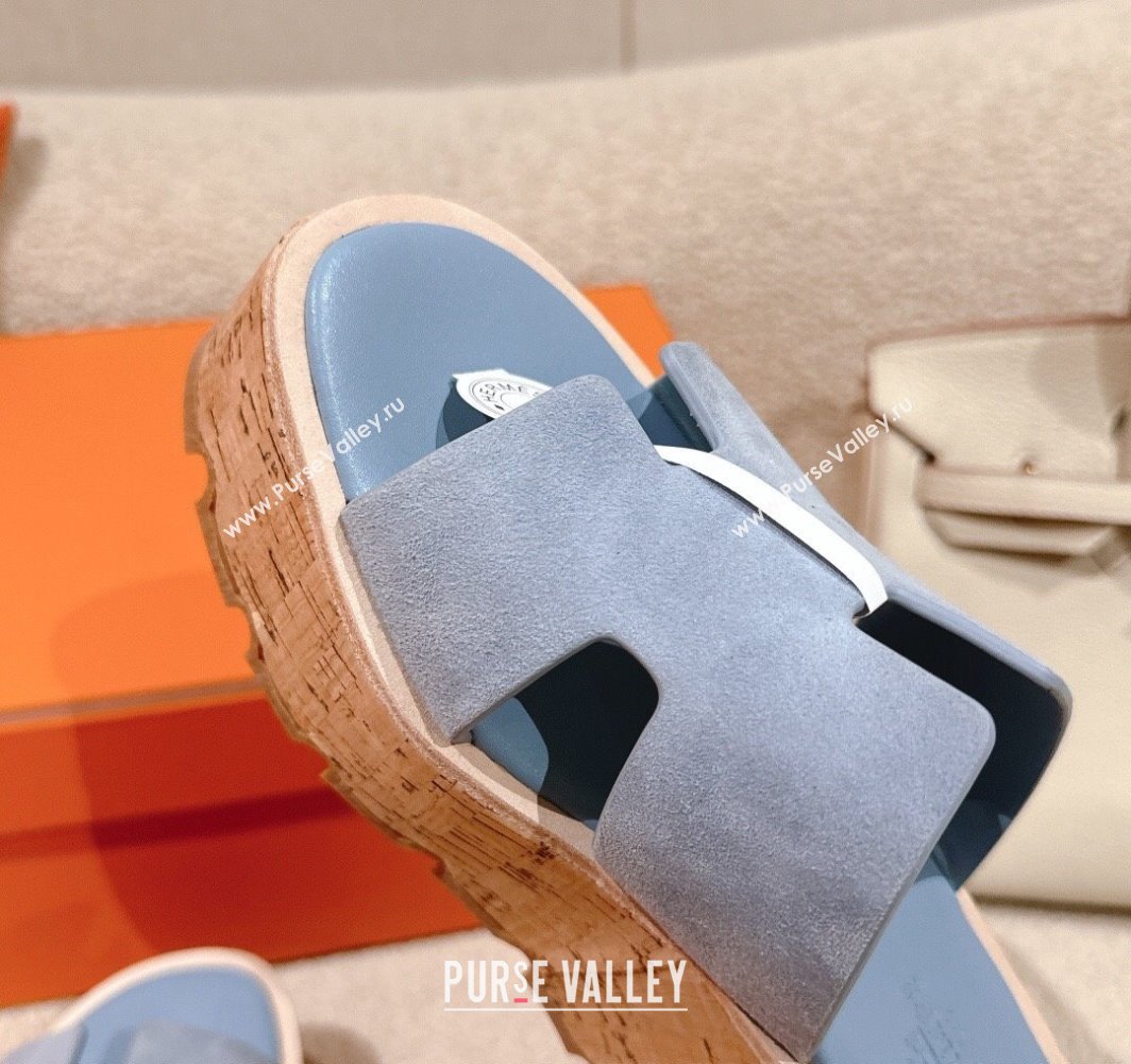 Hermes Eze 30 Platform Slides Sandal 6.5cm in Suede Light Blue 2025 (MD-250226123)