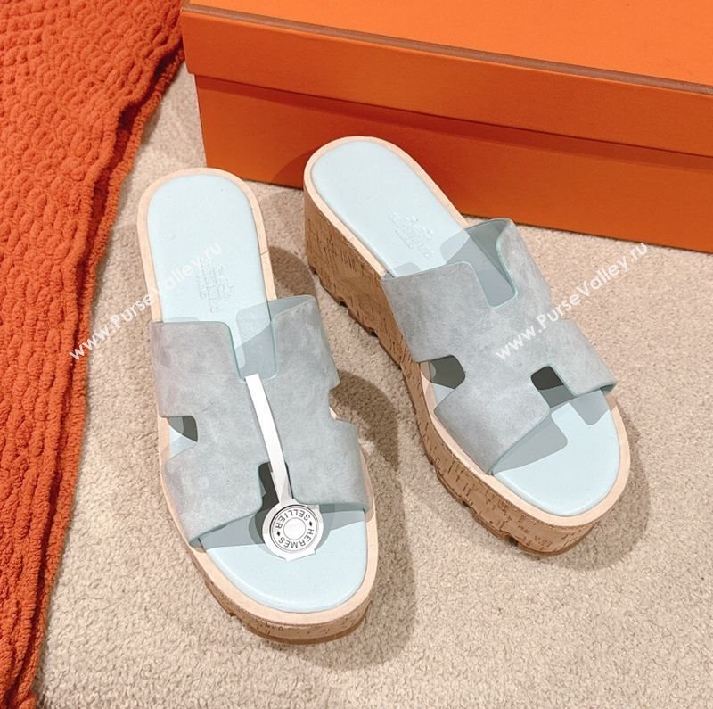 Hermes Eze 30 Platform Slides Sandal 6.5cm in Suede Pale Blue 2025 (MD-250226125)