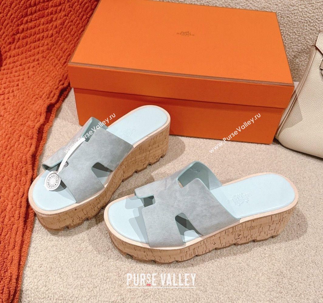 Hermes Eze 30 Platform Slides Sandal 6.5cm in Suede Pale Blue 2025 (MD-250226125)