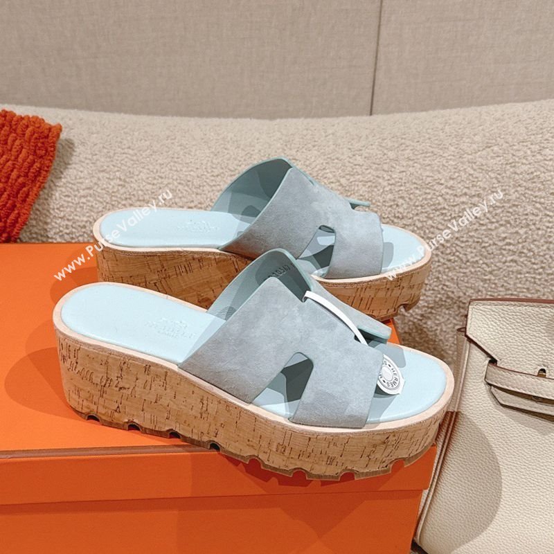 Hermes Eze 30 Platform Slides Sandal 6.5cm in Suede Pale Blue 2025 (MD-250226125)