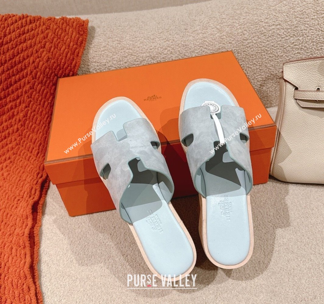 Hermes Eze 30 Platform Slides Sandal 6.5cm in Suede Pale Blue 2025 (MD-250226125)