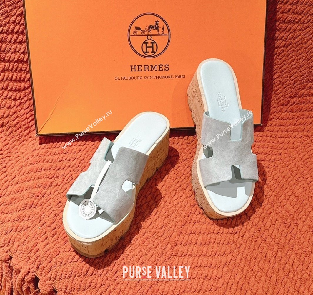 Hermes Eze 30 Platform Slides Sandal 6.5cm in Suede Pale Blue 2025 (MD-250226125)