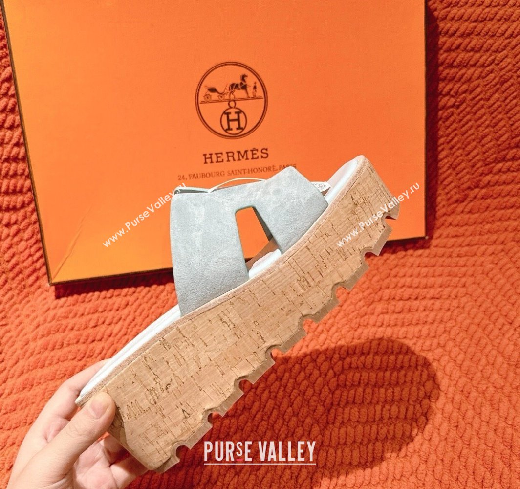 Hermes Eze 30 Platform Slides Sandal 6.5cm in Suede Pale Blue 2025 (MD-250226125)