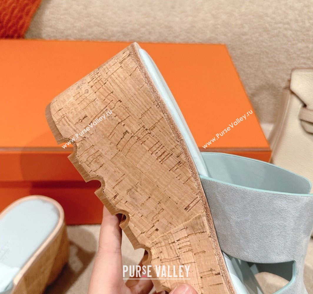Hermes Eze 30 Platform Slides Sandal 6.5cm in Suede Pale Blue 2025 (MD-250226125)