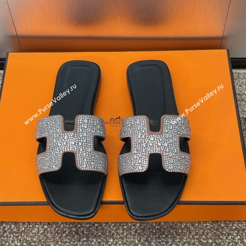 Hermes Classic Oran Flat Slides Sandal in Suede and Strass Nude 2025 0226 (MD-250226135)