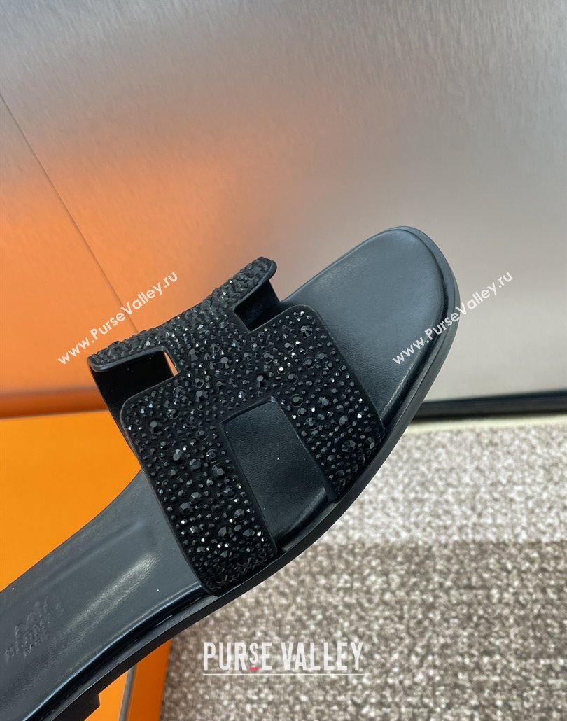 Hermes Classic Oran Flat Slides Sandal in Suede and Strass All Black 2025 0226 (MD-250226136)