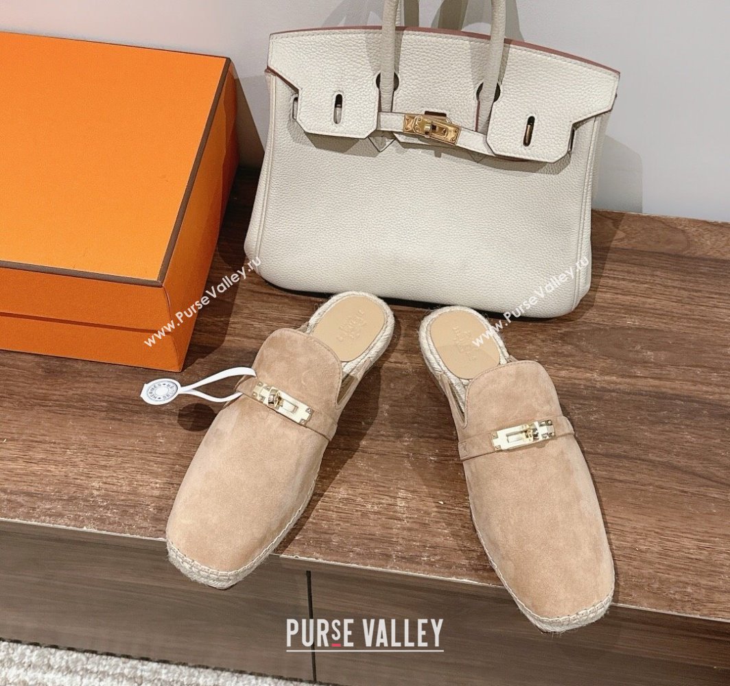 Hermes Elda Suede Flat Mules with Kelly Buckle Beige 2025 (MD-250226103)