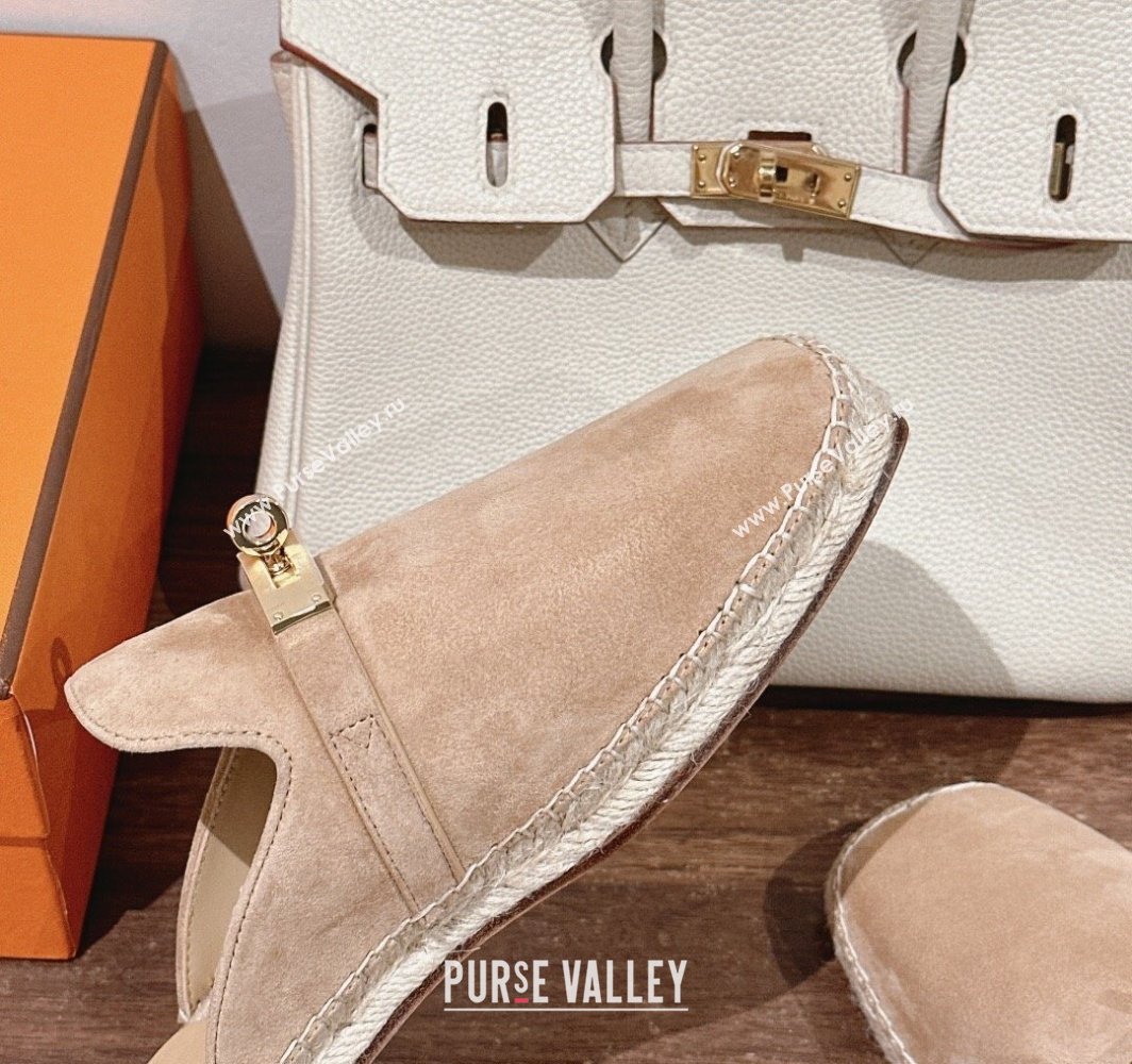 Hermes Elda Suede Flat Mules with Kelly Buckle Beige 2025 (MD-250226103)