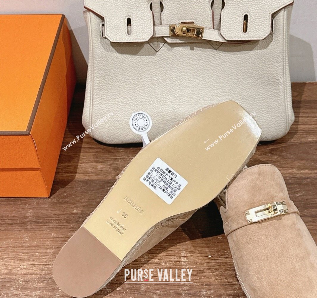 Hermes Elda Suede Flat Mules with Kelly Buckle Beige 2025 (MD-250226103)