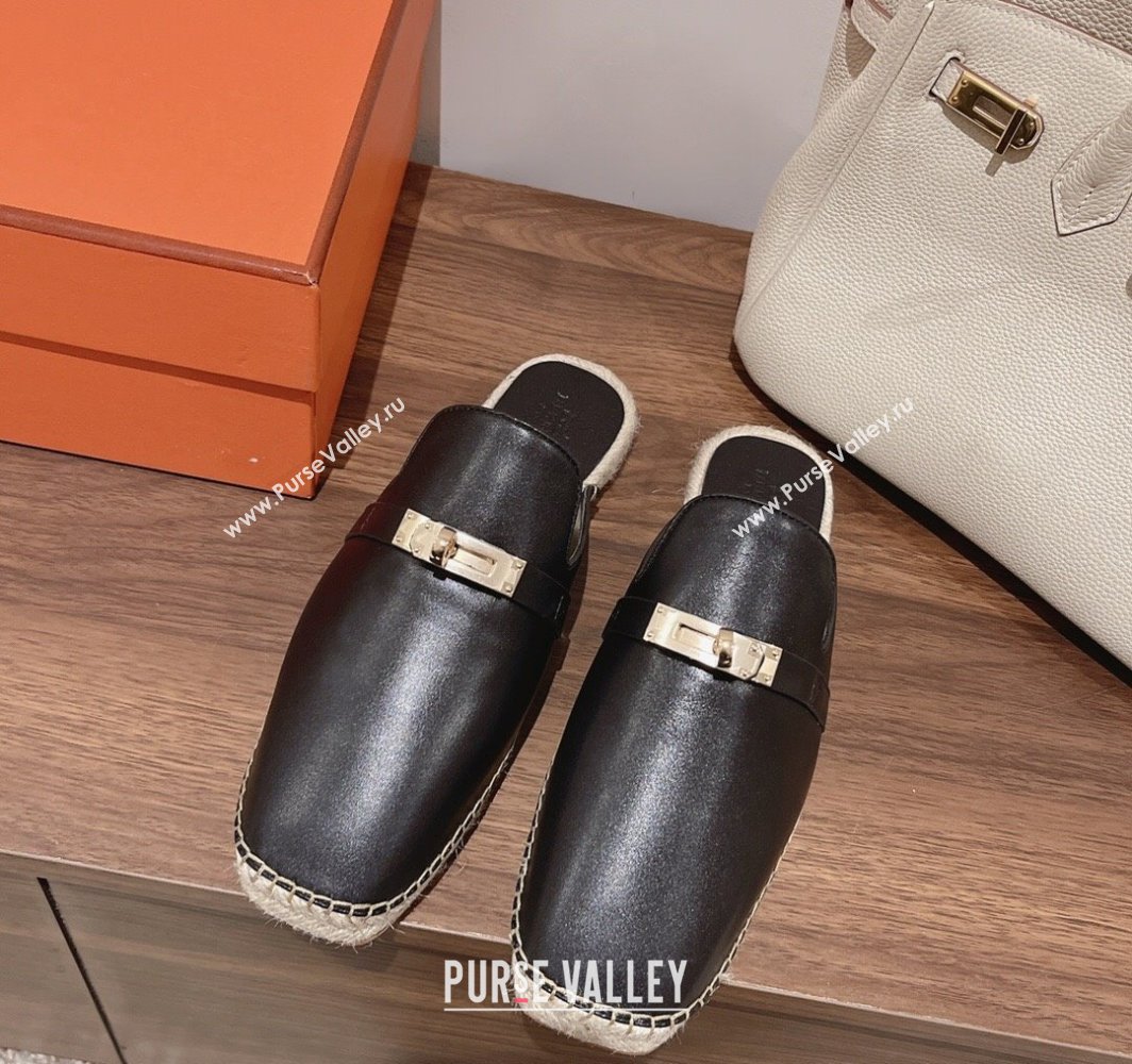 Hermes Elda Calfskin Flat Mules with Kelly Buckle Black 2025 (MD-250226106)