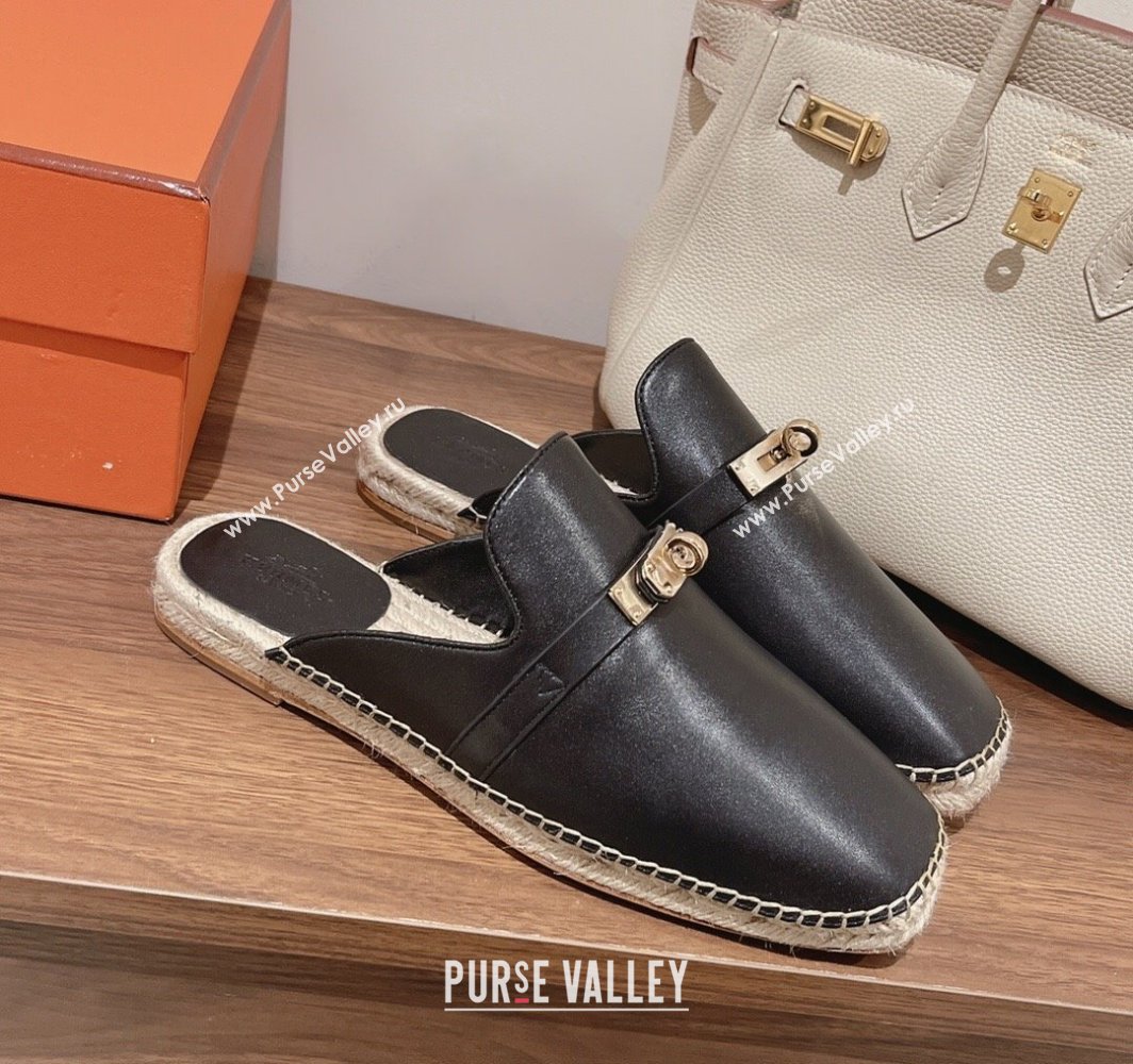 Hermes Elda Calfskin Flat Mules with Kelly Buckle Black 2025 (MD-250226106)