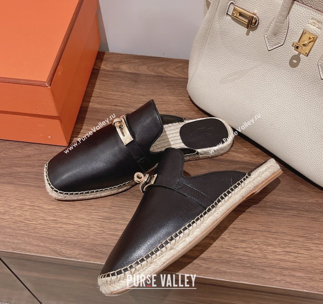 Hermes Elda Calfskin Flat Mules with Kelly Buckle Black 2025 (MD-250226106)