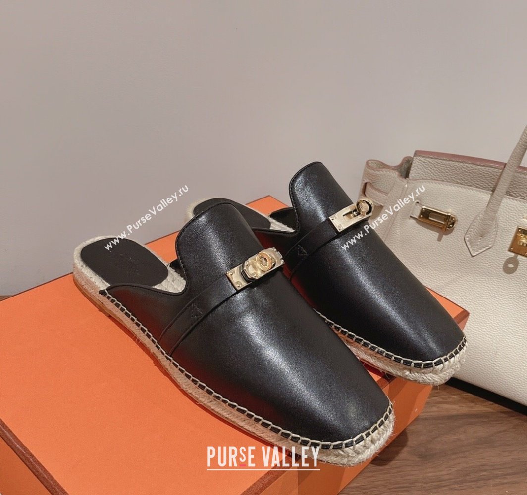 Hermes Elda Calfskin Flat Mules with Kelly Buckle Black 2025 (MD-250226106)