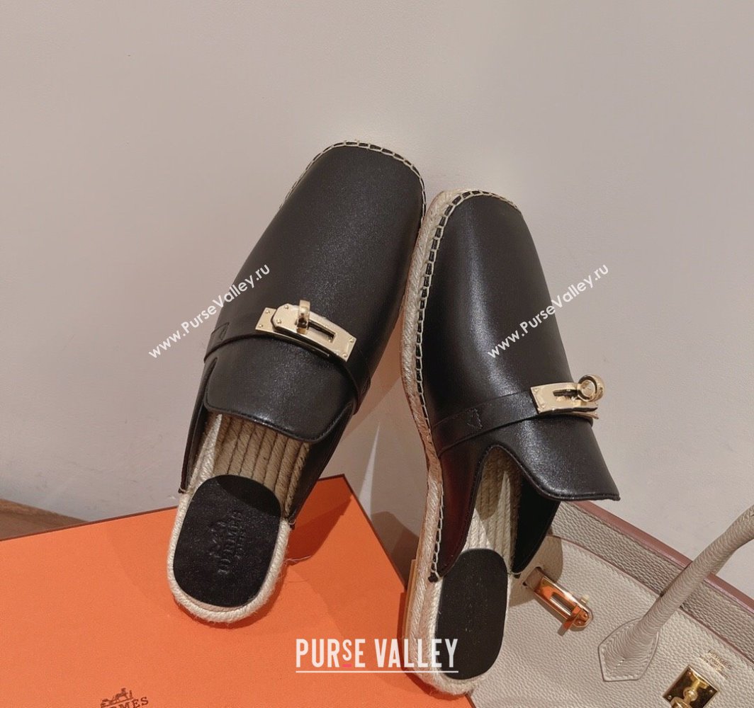 Hermes Elda Calfskin Flat Mules with Kelly Buckle Black 2025 (MD-250226106)