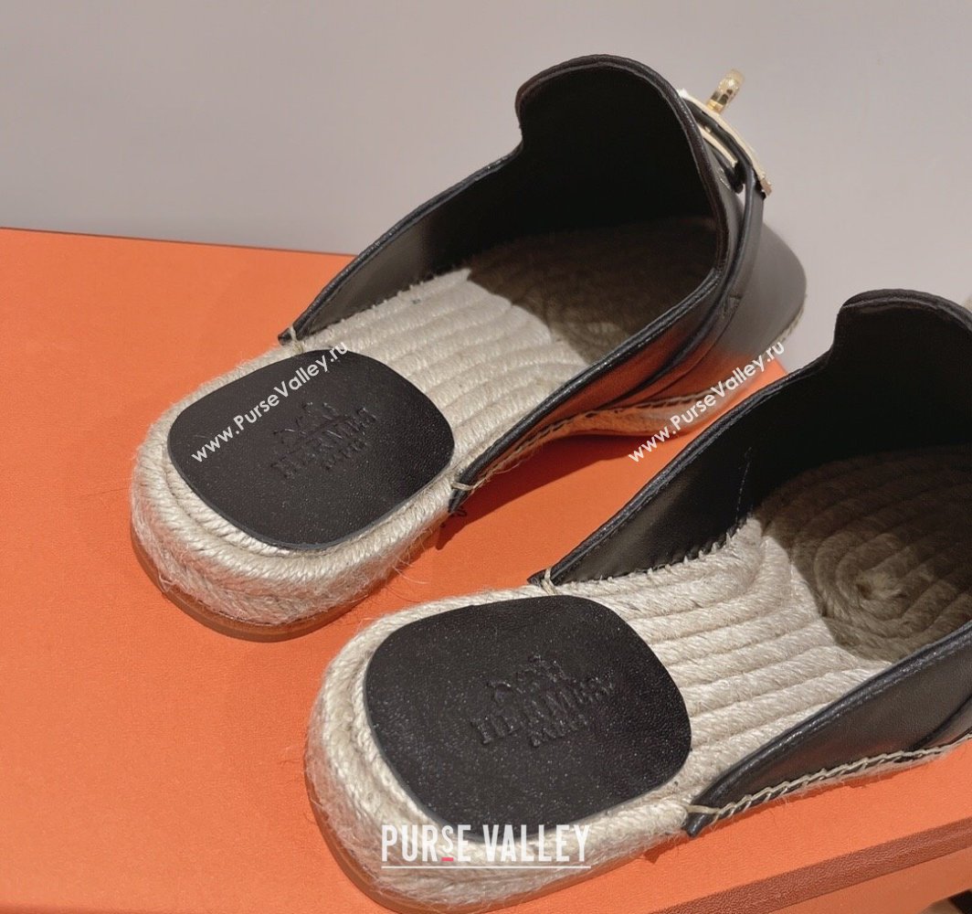 Hermes Elda Calfskin Flat Mules with Kelly Buckle Black 2025 (MD-250226106)