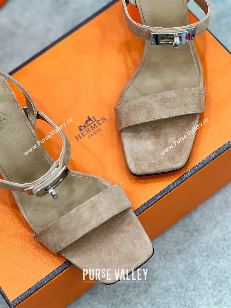 Hermes Glamour Suede Heel Sandals 7.5cm with Kelly Buckle Beige 2025 H02273 (MD-250227047)