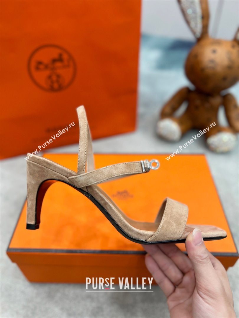 Hermes Glamour Suede Heel Sandals 7.5cm with Kelly Buckle Beige 2025 H02273 (MD-250227047)