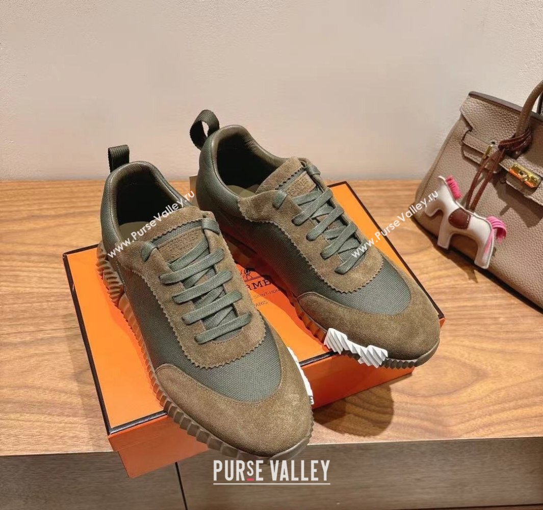 Hermes Bouncing Sneakers in Cotton Canvas and Suede Green 2025 0417 (XC-250418002)