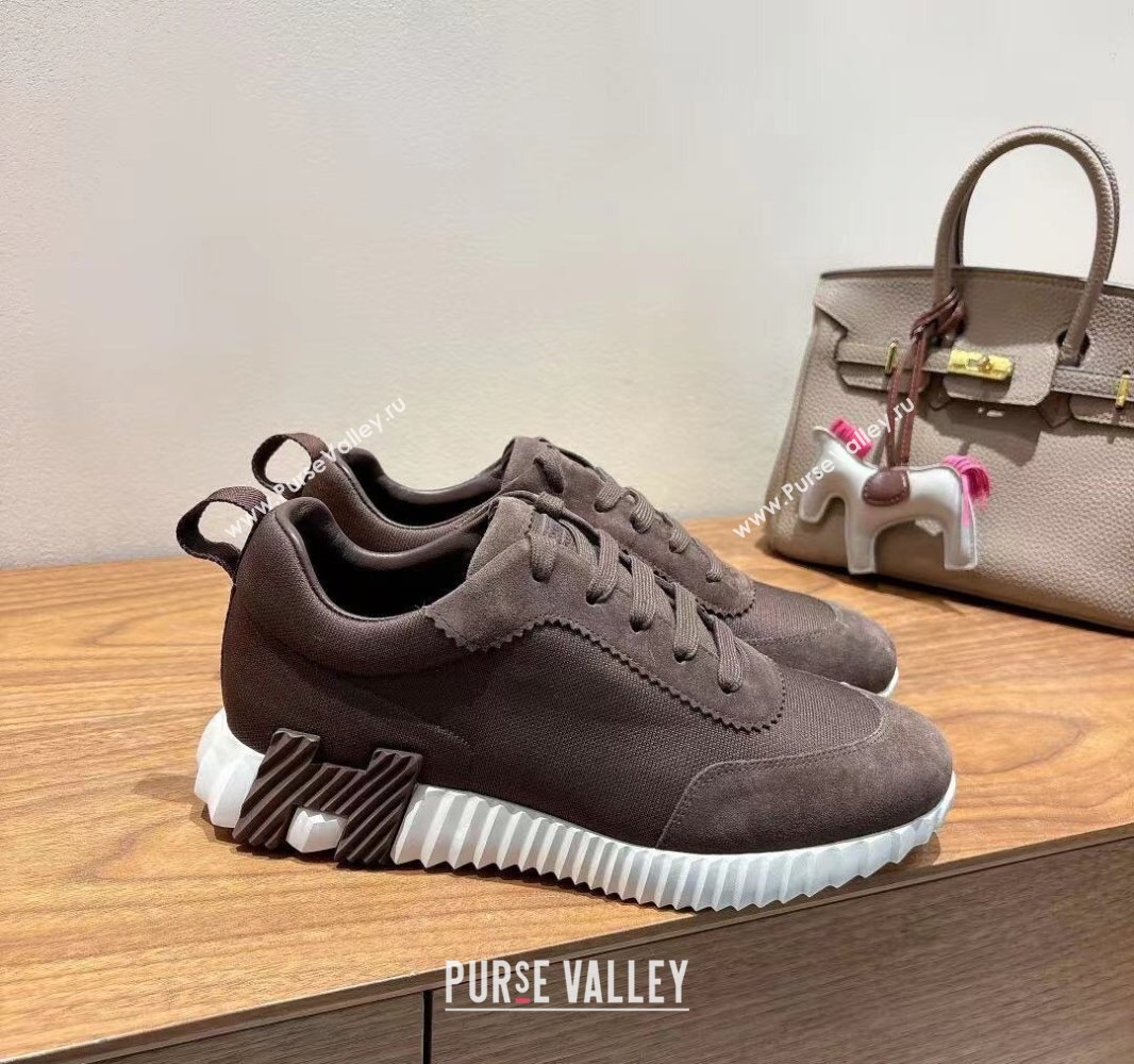 Hermes Bouncing Sneakers in Cotton Canvas and Suede Dark Brown 2025 0417 (XC-250418006)