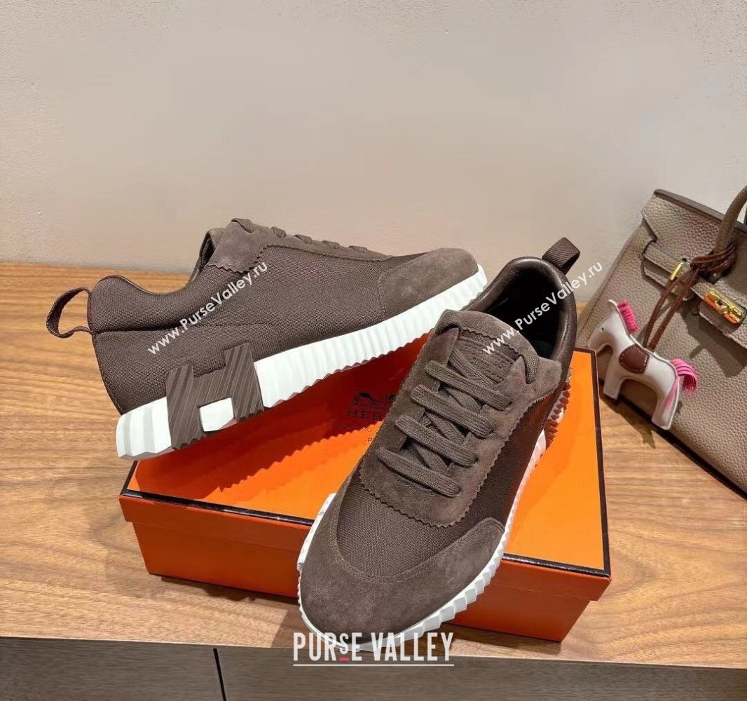 Hermes Bouncing Sneakers in Cotton Canvas and Suede Dark Brown 2025 0417 (XC-250418006)
