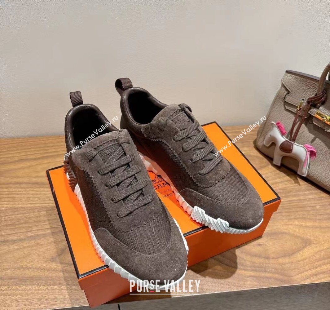 Hermes Bouncing Sneakers in Cotton Canvas and Suede Dark Brown 2025 0417 (XC-250418006)