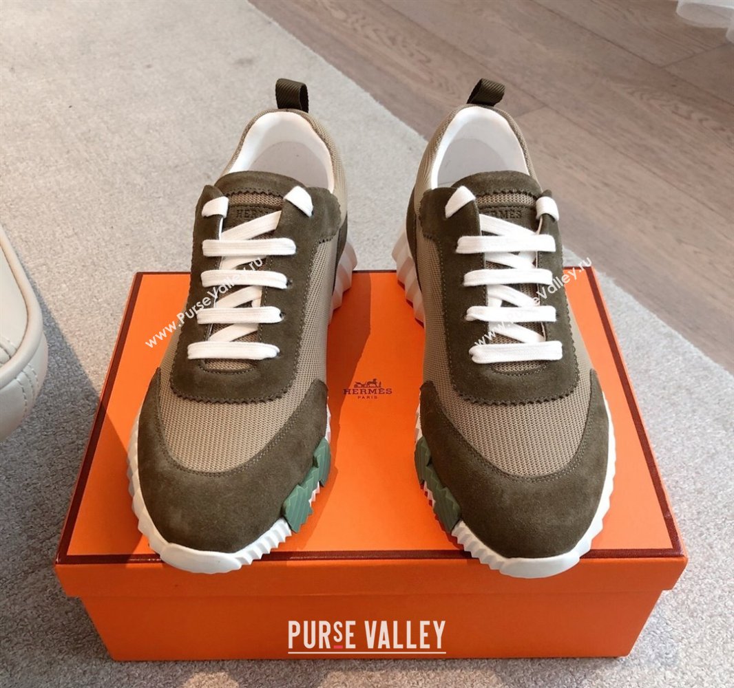 Hermes Bouncing Sneakers in Textured Mesh and Suede Green 10 2025 0417 (XC-250417156)