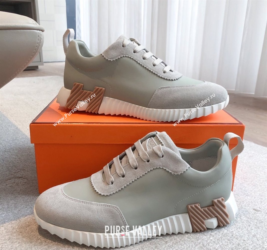 Hermes Bouncing Sneakers in Calfskin Leather and Suede Grey/Green 2025 0417 (XC-250418020)