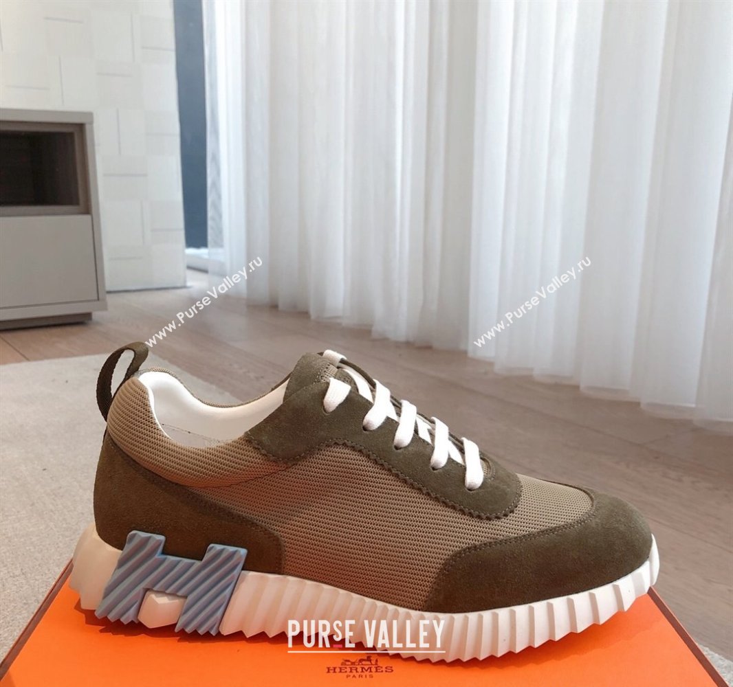 Hermes Bouncing Sneakers in Textured Mesh and Suede Green 10 2025 0417 (XC-250417156)