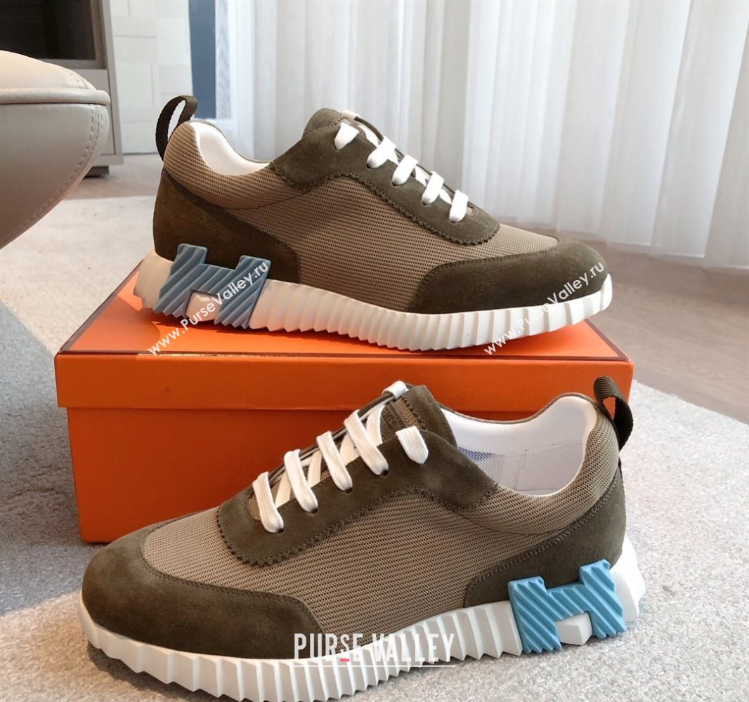 Hermes Bouncing Sneakers in Textured Mesh and Suede Green 10 2025 0417 (XC-250417156)