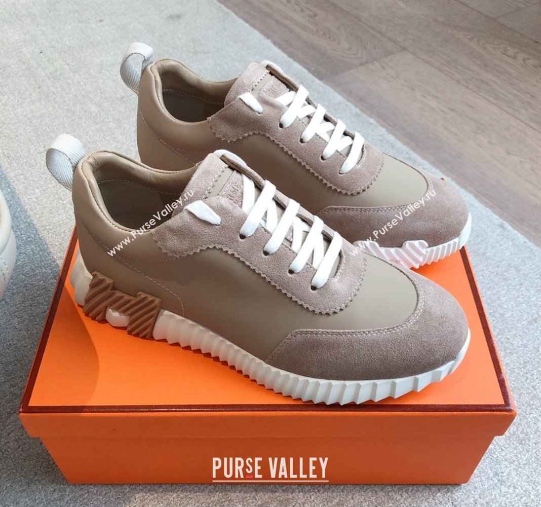 Hermes Bouncing Sneakers in Calfskin Leather and Suede Khaki 2025 0417 (XC-250418025)