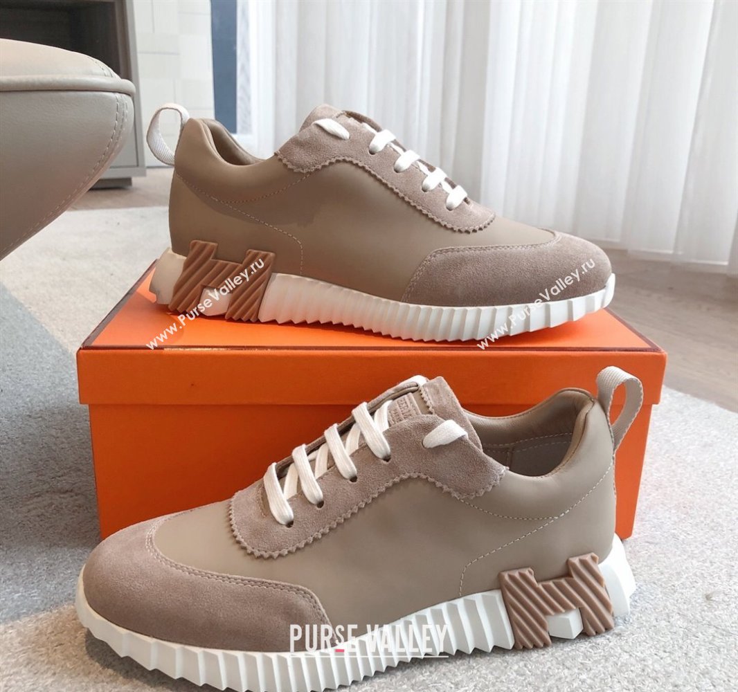 Hermes Bouncing Sneakers in Calfskin Leather and Suede Khaki 2025 0417 (XC-250418025)