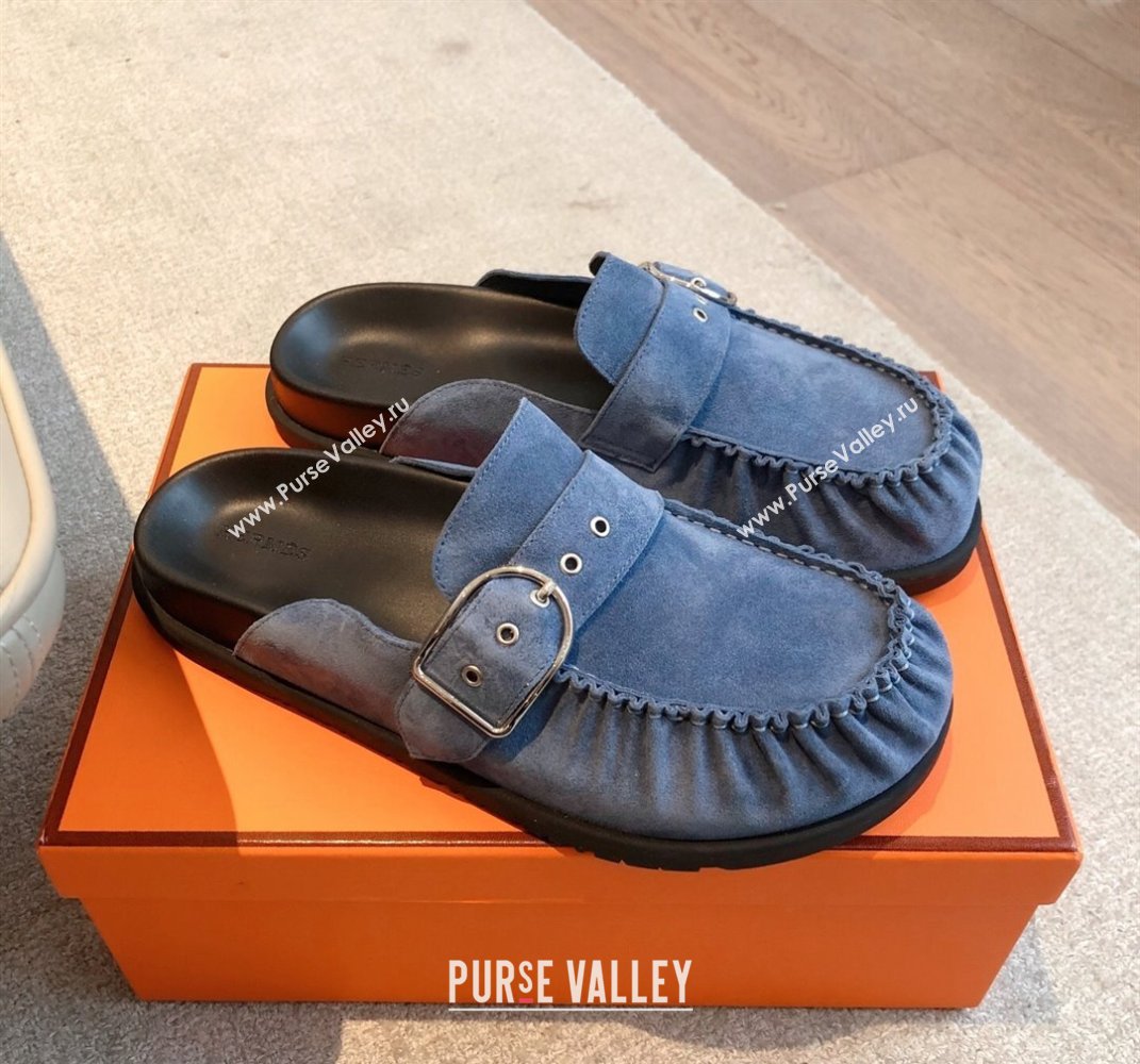 Hermes Key Flat Mules in Suede with Buckle Blue 2025 0418 (XC-250418111)